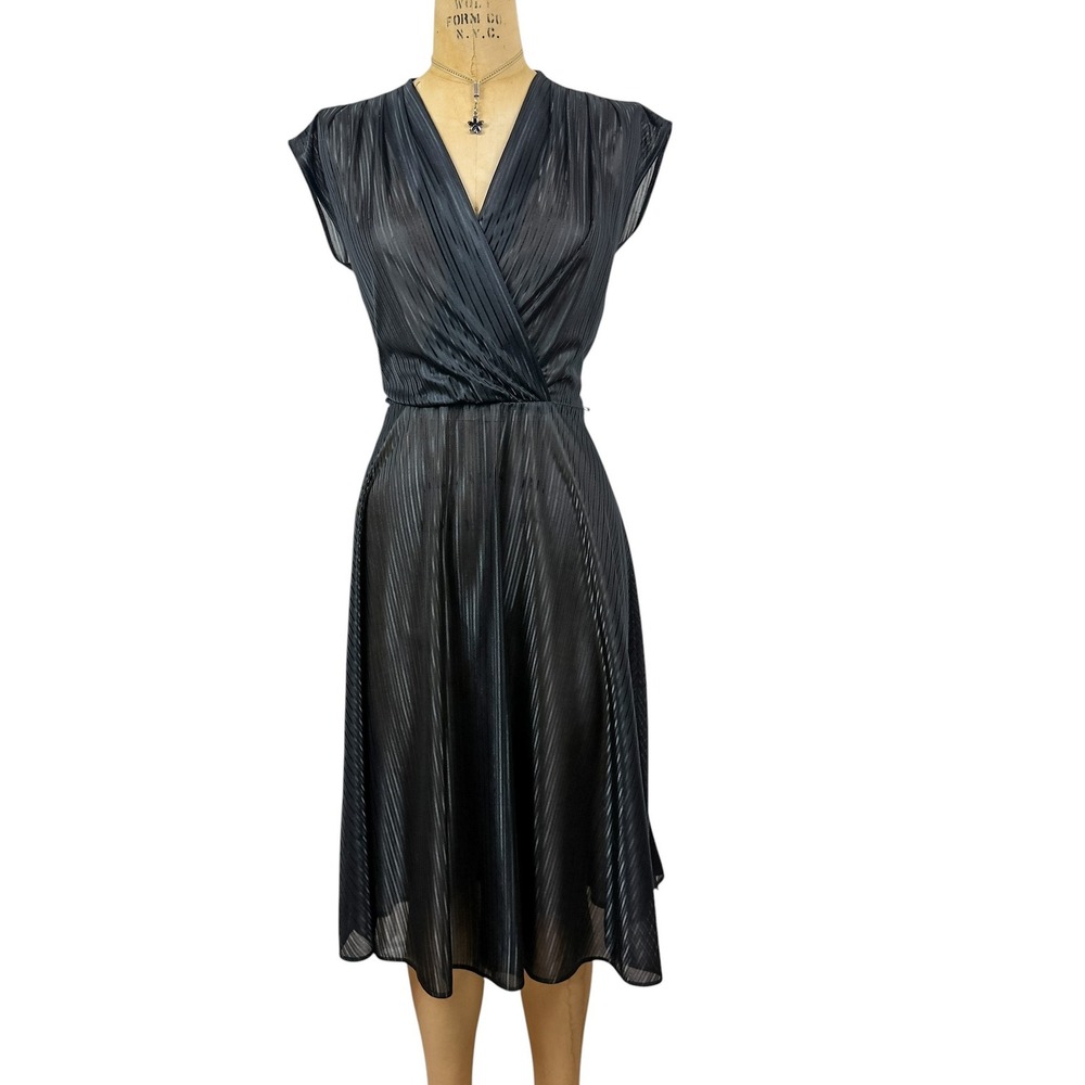 Cache Pleated Surplice Black Midi Dress Accordion Wrap A Line Flowy Goth Formal